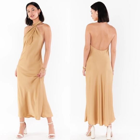Show Me Your Mumu Jasmine Halter Midi Dress True Gold Luxe Satin NWT Size S - Picture 1 of 9